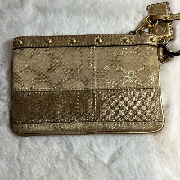 Coach Signature Stripe Studded Gold Metallic Lurex & Leather Wristlet - Picture 3 of 9